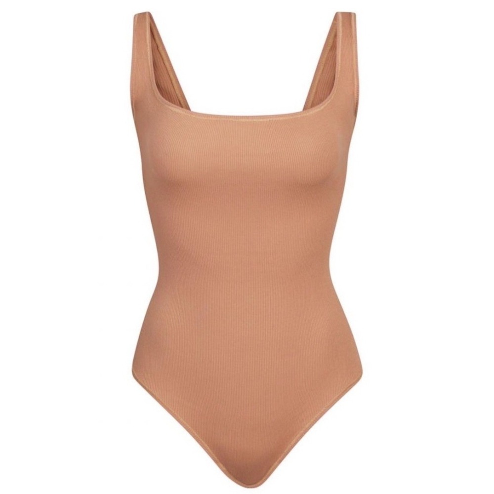 Skims Essential Sedona Bodysuit Ribbed Cotton Thong Nude Peach 3X